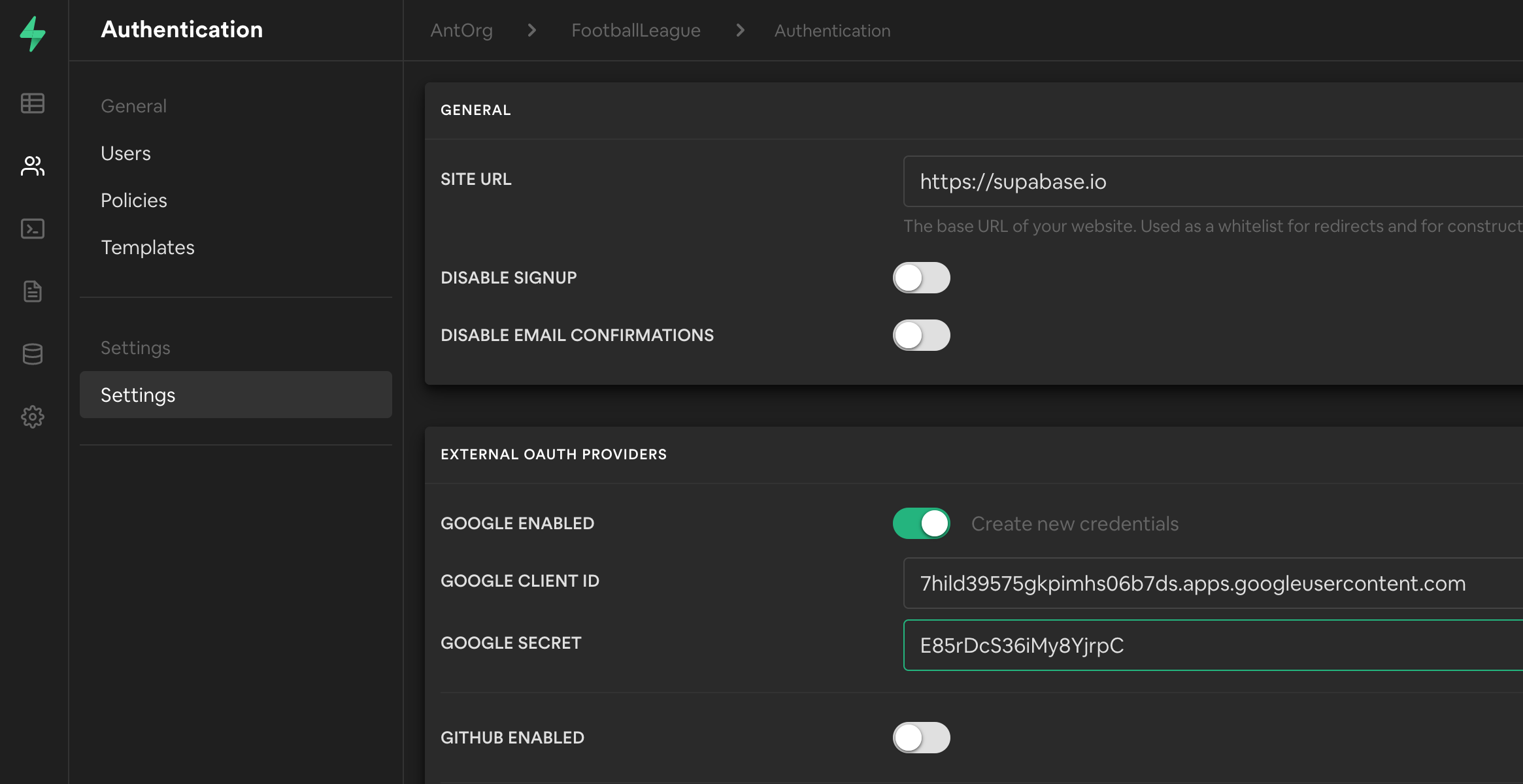 insert client id and secret into supabase dashboard in auth &gt; auth