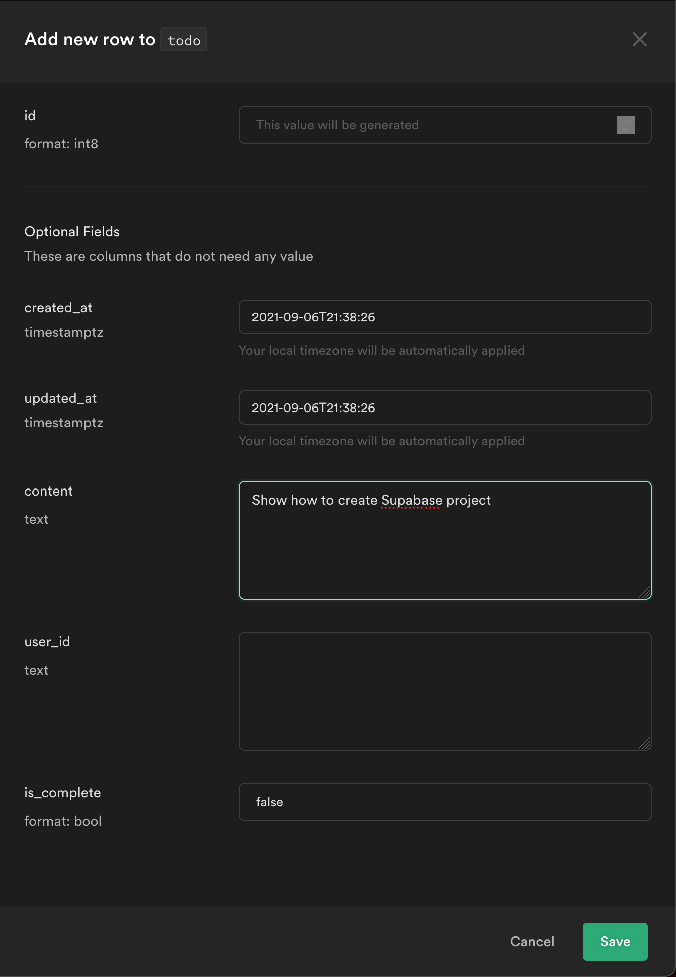 New row settings